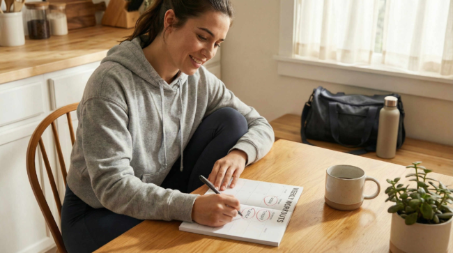 Frau plant ihre Krafttrainingseinheiten für die Woche am Küchentisch