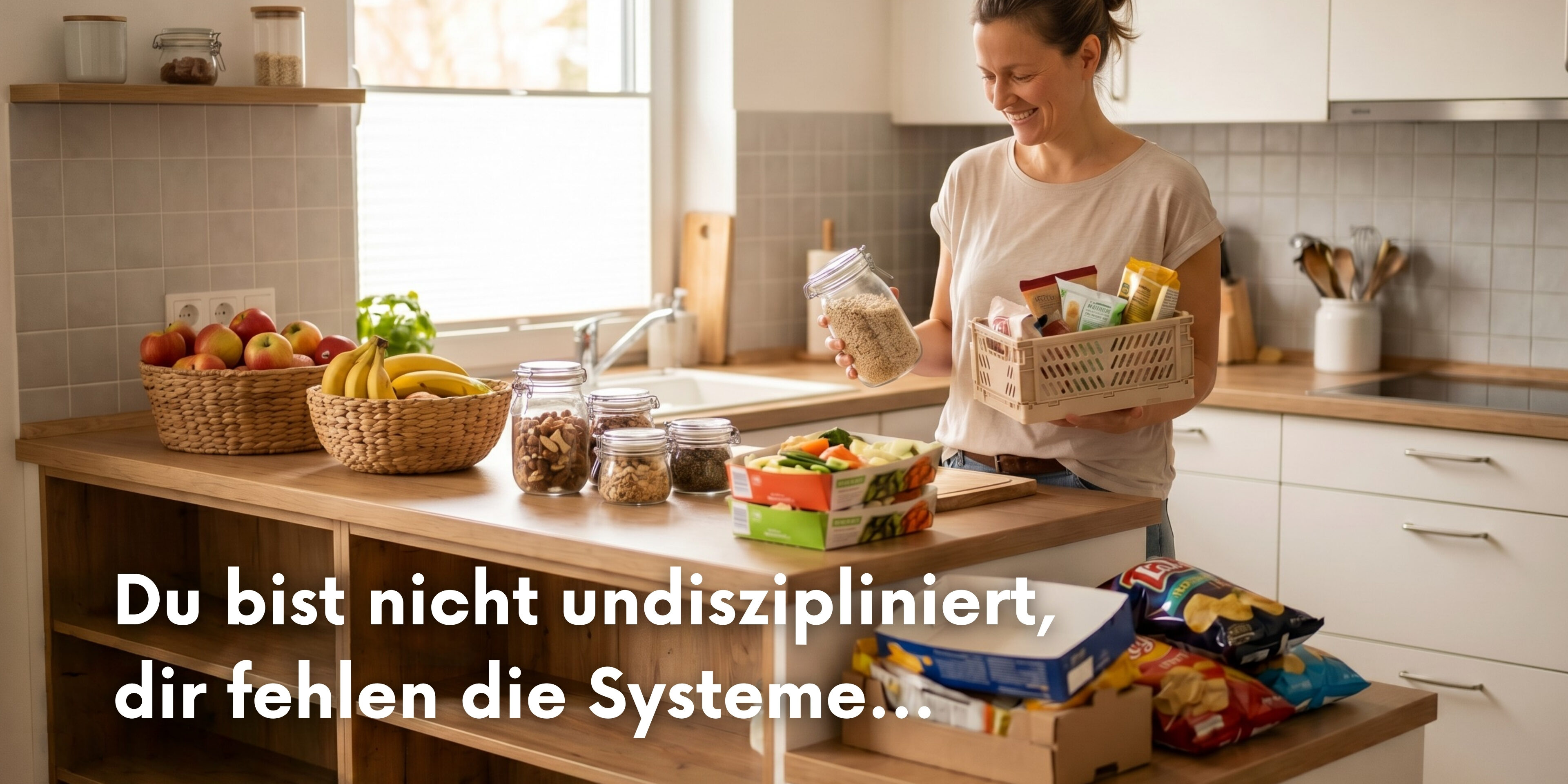 Frau in heller Küche mit gesunden Lebensmitteln und Snacks. Der Text im Bild lautet: Du bist nicht undiszipliniert, dir fehlen die Systeme.