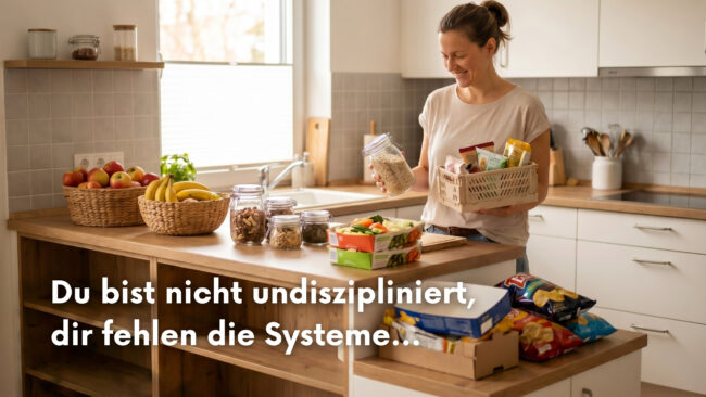 Frau in heller Küche mit gesunden Lebensmitteln und Snacks. Der Text im Bild lautet: Du bist nicht undiszipliniert, dir fehlen die Systeme.