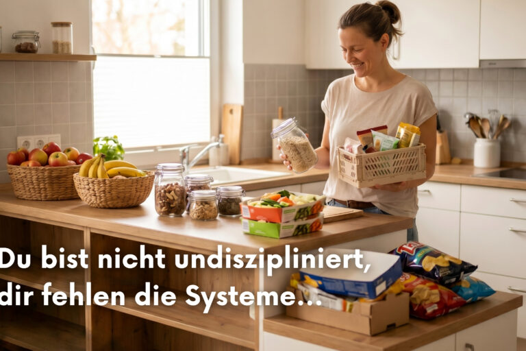 Frau in heller Küche mit gesunden Lebensmitteln und Snacks. Der Text im Bild lautet: Du bist nicht undiszipliniert, dir fehlen die Systeme.