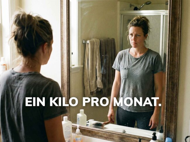 Frau schaut nachdenklich in den Spiegel nach dem Training – realistischer Zeithorizont für Fitnessziele