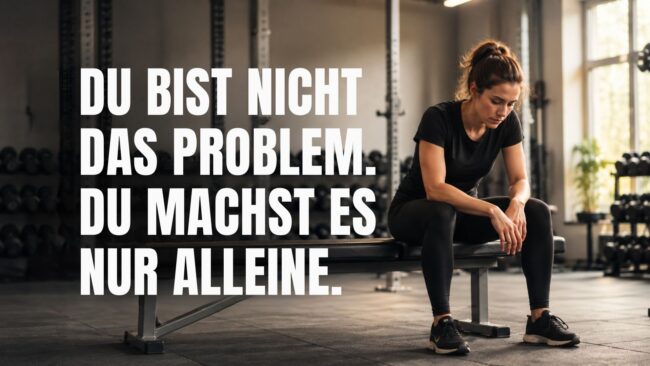 Nachdenkliche Frau im Fitnessstudio in Villach mit BRIZZLY Coaching Botschaft: Du bist nicht das Problem, du machst es nur alleine.