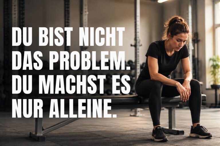Nachdenkliche Frau im Fitnessstudio in Villach mit BRIZZLY Coaching Botschaft: Du bist nicht das Problem, du machst es nur alleine.