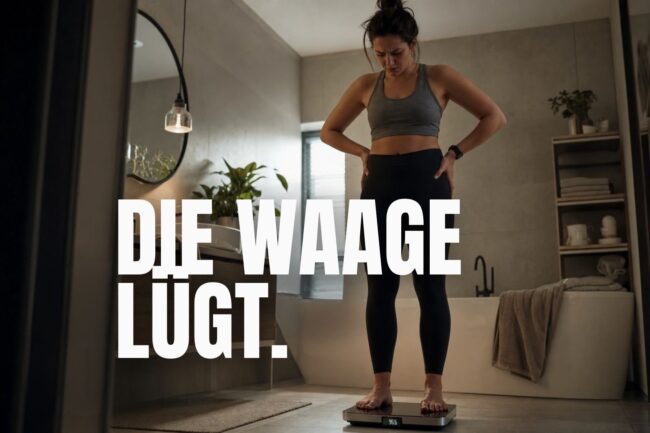 Frau steht auf der Waage und erkennt, dass Körpergewicht allein keinen echten Fitness Fortschritt zeigt