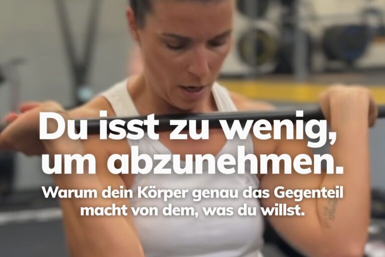 Athletin trainiert mit Langhantel bei BRIZZLY in Villach, Text im Bild: Du isst zu wenig, um abzunehmen